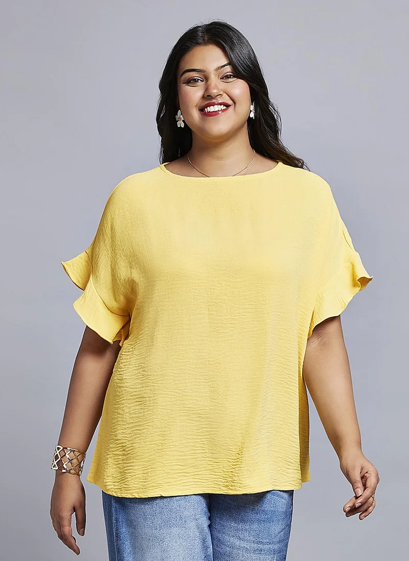 جلو باص بلوزة نسائية جلوبلس بأكمام مكشكشة ممتدة مقاس كبير